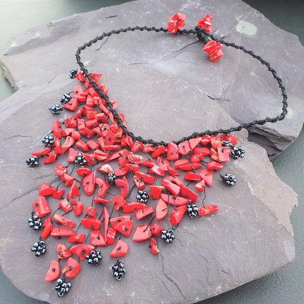 Red Coral & Hematite Beads Waterfall Necklace Hand Made Chakra Healing