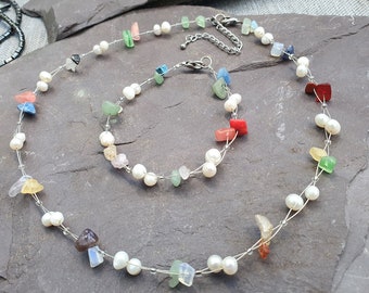 Genuine Freshwater Pearls and Mixed Gemstone Necklace  & Bracelet Chakra Healing