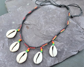 Cowrie Shell Necklace Unisex Hand Woven with Red Gold Green Rasta Beads Adjustable