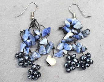 Lapis Lazuli Gemstone  & Glass Beads Flowing Multi Strand Chandelier  Earrings