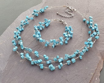 Turquoise  Gemstone  Triple Strand Gemstone Necklace & Matching Bracelet Set