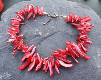 Red Spiky Mother Of Pearl Shell  & Freshwater Pearls Statement Necklace