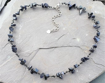 Blue Black Sparkle Sand Stone & Glass Beads Single Strand Gemstone Necklace Hand Made