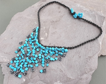 Turquoise Hematite Beads Waterfall Necklace Hand Made Chakra Healing