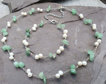 White Genuine Freshwater Pearls and Jade Necklace  & Bracelet Set Interwoven  With Glass Beads Hand Made