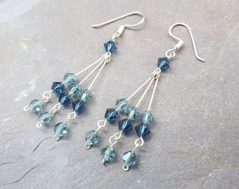 Serenity Blue Elegant 925 Sterling Silver & Crystal Triple Strand  Drop Dangle Earrings