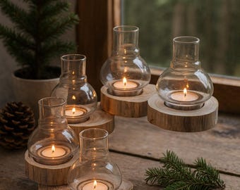 Reclaimed Teak Twist Lantern Set, Stackable Tealight Holders, Natural Wood Decor