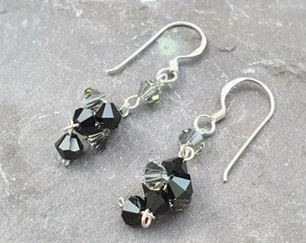 Black Small Elegant Crystal  Flower Shape Earrings Sterling Silver Ear Wire