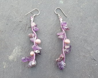 Amethyst & Cats Eye Bead Earrings  925 Stamped Sterling Silver Hooks Hand Made