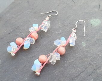 Moonstone & Pink Cats Eye Bead Earrings  925 Stamped Sterling Silver Hooks Hand Made