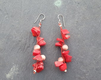 Red Coral & Cats Eye Bead Earrings  925 Stamped Sterling Silver Hooks Hand Made