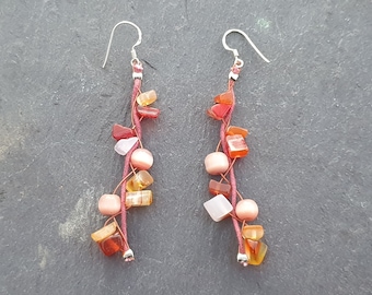 Carnelian & Cat's Eye Bead Earrings  925 Stamped Sterling Silver Hooks Hand Made