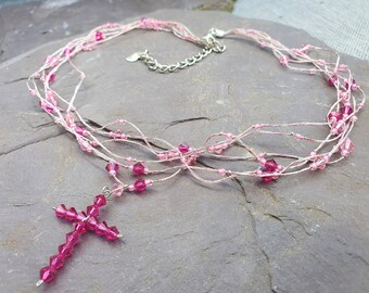 Pink Crystal Cross on Purple Silk Multi Strand Necklace