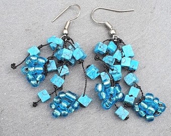 Turquoise Blue Gemstone  & Glass Beads Flowing Multi Strand Chandelier  Earrings