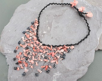 Peachy Pink Calcite Hematite Beads Waterfall Necklace Hand Made Chakra Healing