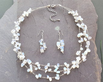 Moonstone Gemstone  Triple Strand Necklace & Drop Dangle Earring Set 925 Silver Ear wire