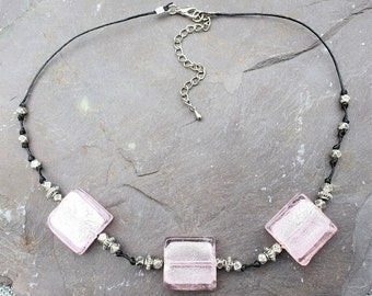 Pretty In Pink Shimmer Murano Foil Glass & Silver Beads Necklace Hand Made