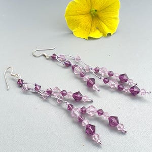 Purple  Long Crystal Earrings On Purple Silk & Sterling Silver Hooks