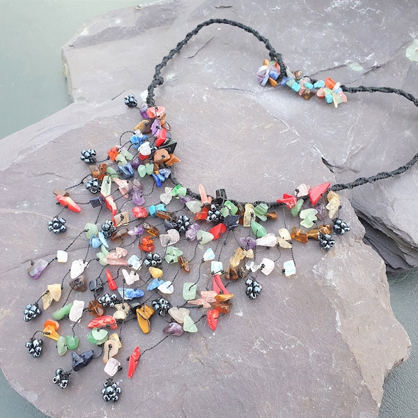 Mixed Gemstone  & Hematite Beads Waterfall Necklace Hand Made Chakra Healing