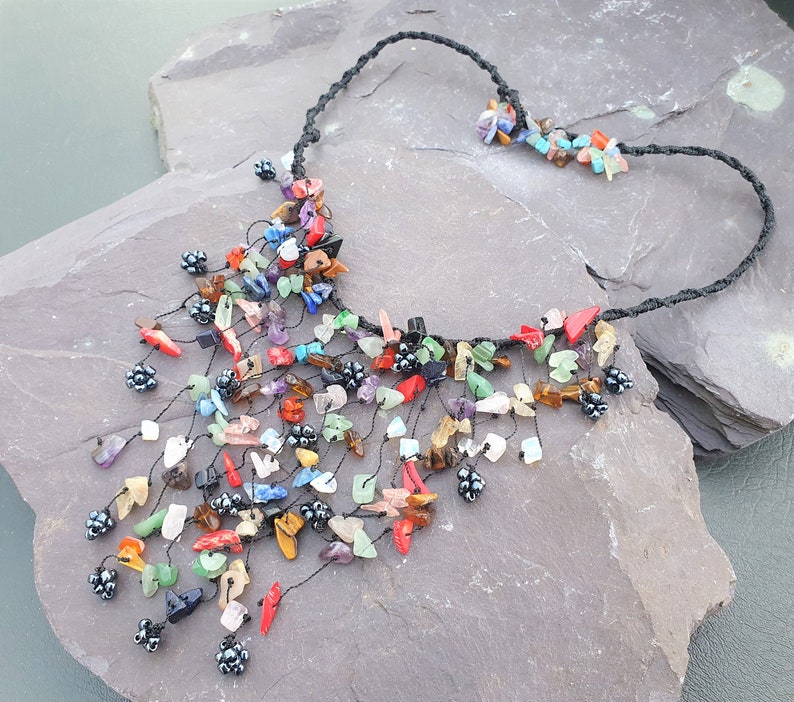 Mixed Gemstone & Hematite Beads Waterfall Necklace Hand Made Chakra Healing image 1
