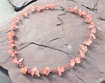 Peach Pink Calcite Crystal & Glass Bead's Single Strand Necklace Hand Made