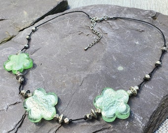 Green Shimmer Murano Foil Glass & Silver Beads Flower Necklace Hand Made