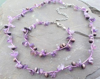 Amethyst Gemstone &  Cats Eye Beads Necklace Bracelet or Set Hand Made