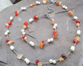 White Genuine Freshwater Pearls and Carnelian Necklace  & Bracelet Set Interwoven  With Glass Beads Hand Made