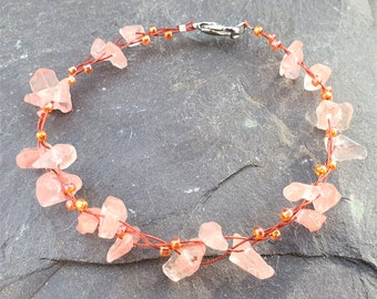 Peachy Pink Calcite  & Glass Bead's Single Strand Bracelet Hand Made Chakra Healing