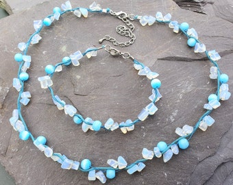 Moonstone Gemstone & Cats Eye Beads On Blue Cord Necklace Bracelet or Set Hand Made