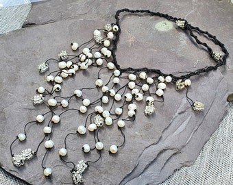 Freshwater Pearls Waterfall  Necklace & Earring Set With Glass Beads Hand Made