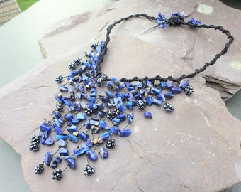 Lapis Lazuli & Hematite Beads Waterfall Necklace Hand Made Chakra Healing