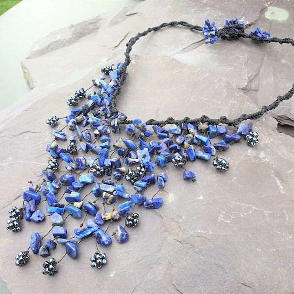 Lapis Lazuli & Hematite Beads Waterfall Necklace Hand Made Chakra Healing