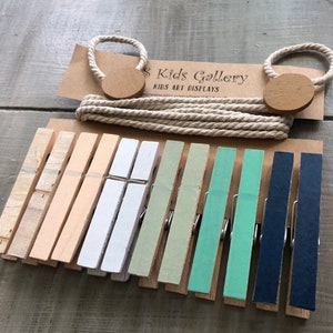 Beachy colored themed Clothesline photo display, baby boy onesie display, clothespin display, kids Art Work Display, Photo Display, Kids art