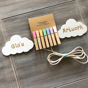 Personalized Cloud Kids Art Display with pastel clothespins Art Display, Children&#39;s Art Work Display, Rainbow room decoration, Photo Display