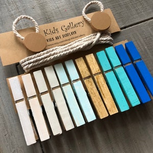 Beachy colored themed Clothesline photo display, baby boy onesie display, clothespin display, kids Art Work Display, Photo Display, Kids art