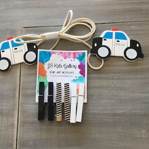 Police cars Child&#39; Art Display Hanger, Kid&#39;s art work display, Art Work Display, Photo Display, Kids Wall Art, clothespin