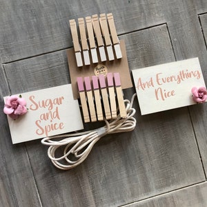 Sugar and spice  baby girl  shower onesie clothesline display, baby clothes display for a baby shower, baby shower decoration