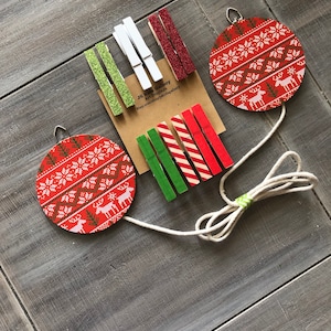 Ugly sweater ornament Christmas card display. clothesline hanger for pictures or Christmas cards, merry and bright