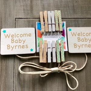 Personalized nuetral shower onesie clothesline display, baby clothes display for a baby shower, baby shower decoration