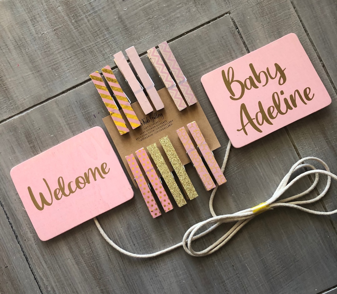 Baby Girl Shower Onesie Clothesline Display, Pink and Gold, Baby Girl