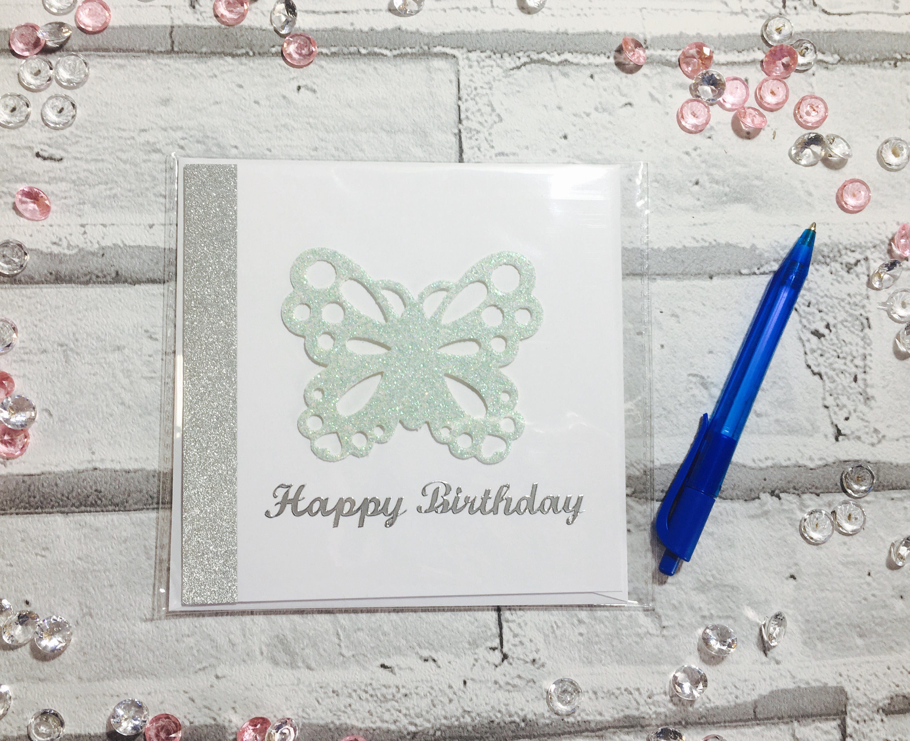Handmade Happy Birthday Card Mint Green Glittery Butterfly Etsy