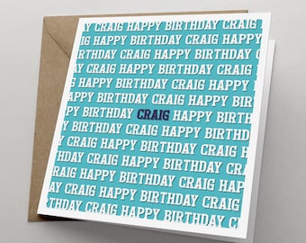 Text Name Style Personalised Birthday Card - Happy Birthday Repeat - Blue | Any Name Personalisation | for Her | for Him, Friend | HBNO09