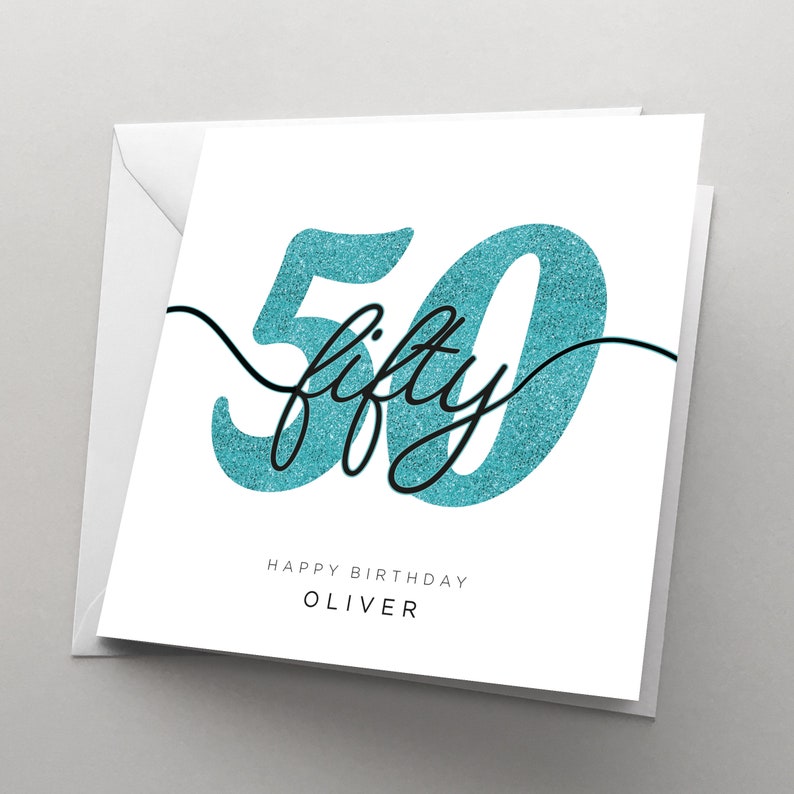 Personalised 50th Birthday Card for Her, Women, Sister, Wife, 50 Birthday Card, Card for Him , Girlfriend, Best Friend, Fifty, HBNA83 Turquoise
