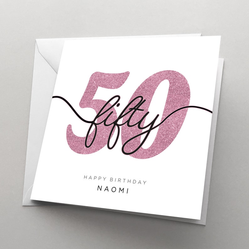 Personalised 50th Birthday Card for Her, Women, Sister, Wife, 50 Birthday Card, Card for Him , Girlfriend, Best Friend, Fifty, HBNA83 Pink