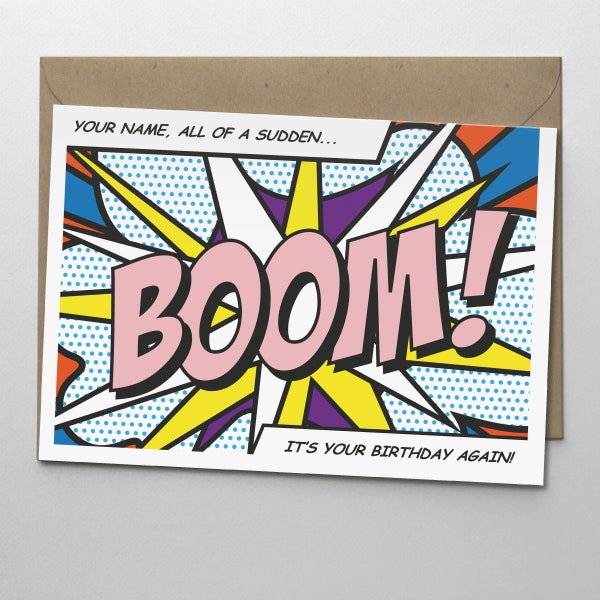 Personalised Pop Art Birthday Card - BOOM! - Personalised Birthday Card | Comic Card | Card for Him | for Her | B6 or A5 Large | HBNO14