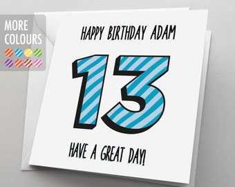 Personalized 13th Birthday Card, Candy Stripe Design