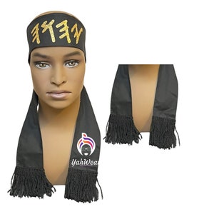 Hebrew Isrealites Mitre headband for men, Israelite Head Wrap with Sacred Name, Black Turban Gold Writing, Headwrap with fringes, Set-Apart