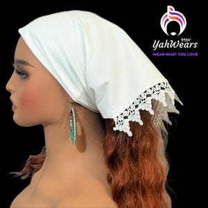Lace trim self-tie triangle head scarf, Hair bandana, Women White headband, Christian Head covering, Cotton adjustable hairwrap, Boho  gift