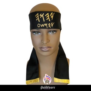 Hebrew Israelites Mitre headband for men, Israelite Head Wrap with Sacred Name, Black Turban Gold Writing, Headwrap with fringes, Set-Apart